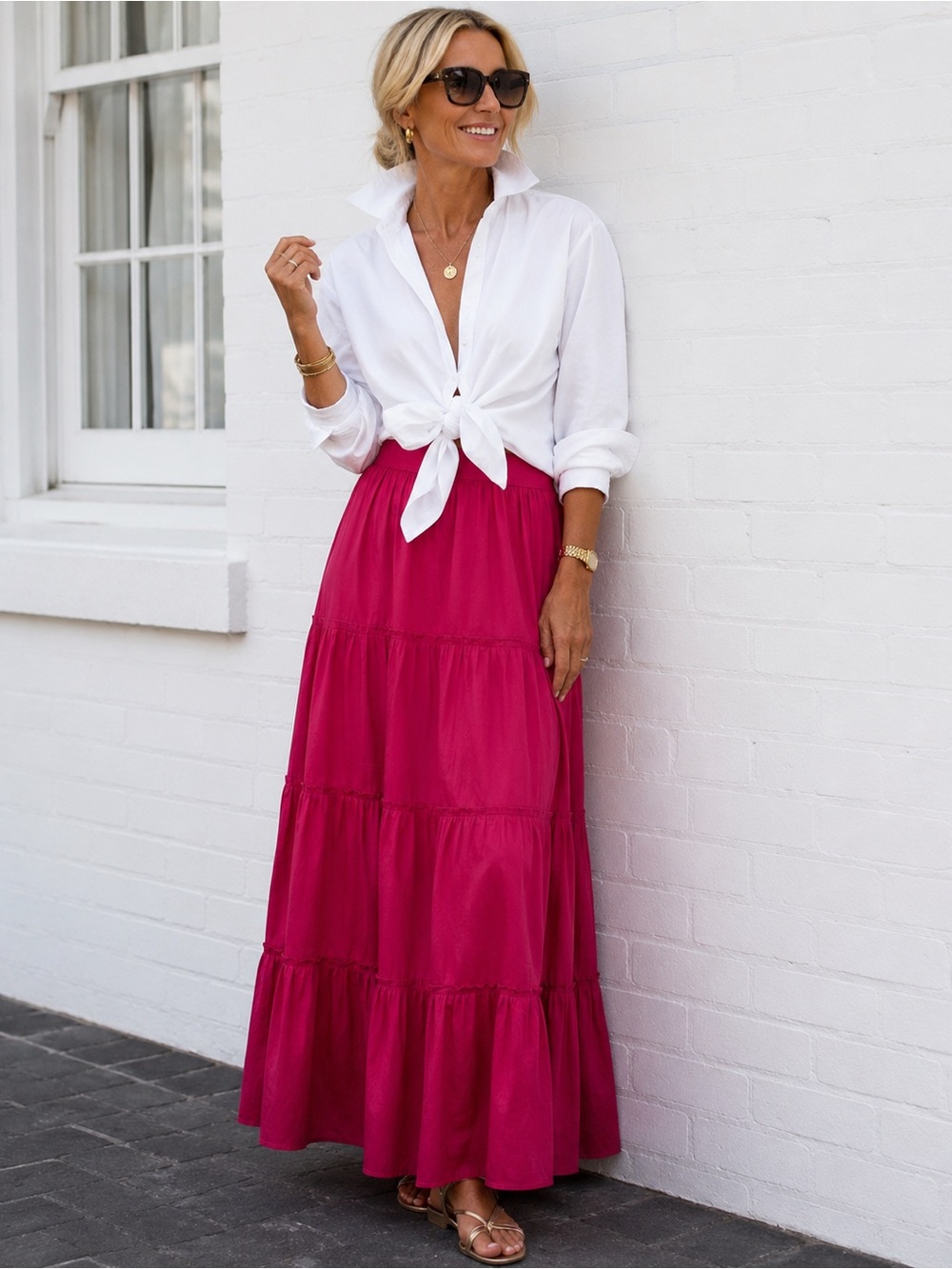 NEW Madison Mathews 100% Silk Tiered Maxi Skirt Fuschia Pink NWT.     11